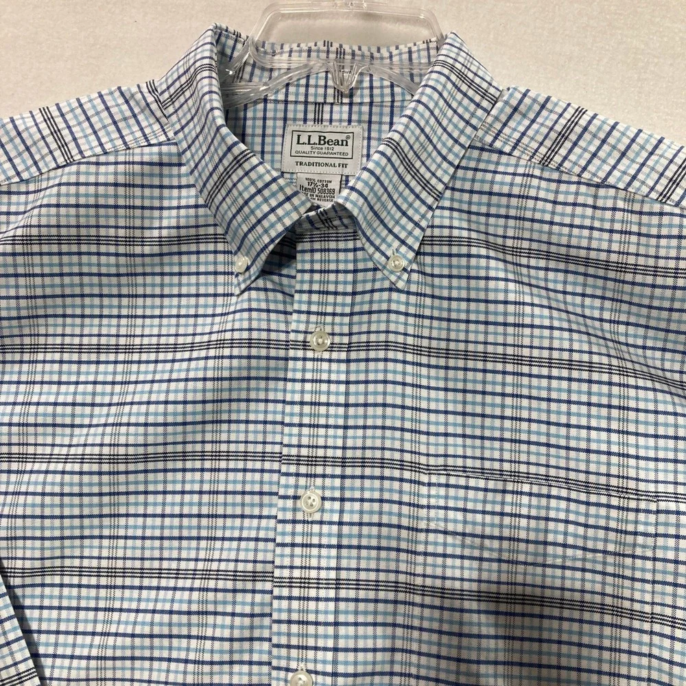 Lot 2 LL Bean Mens Traditional Fit Button‎ Down Shirt  Blue Plaid Gray 17.5 x 34